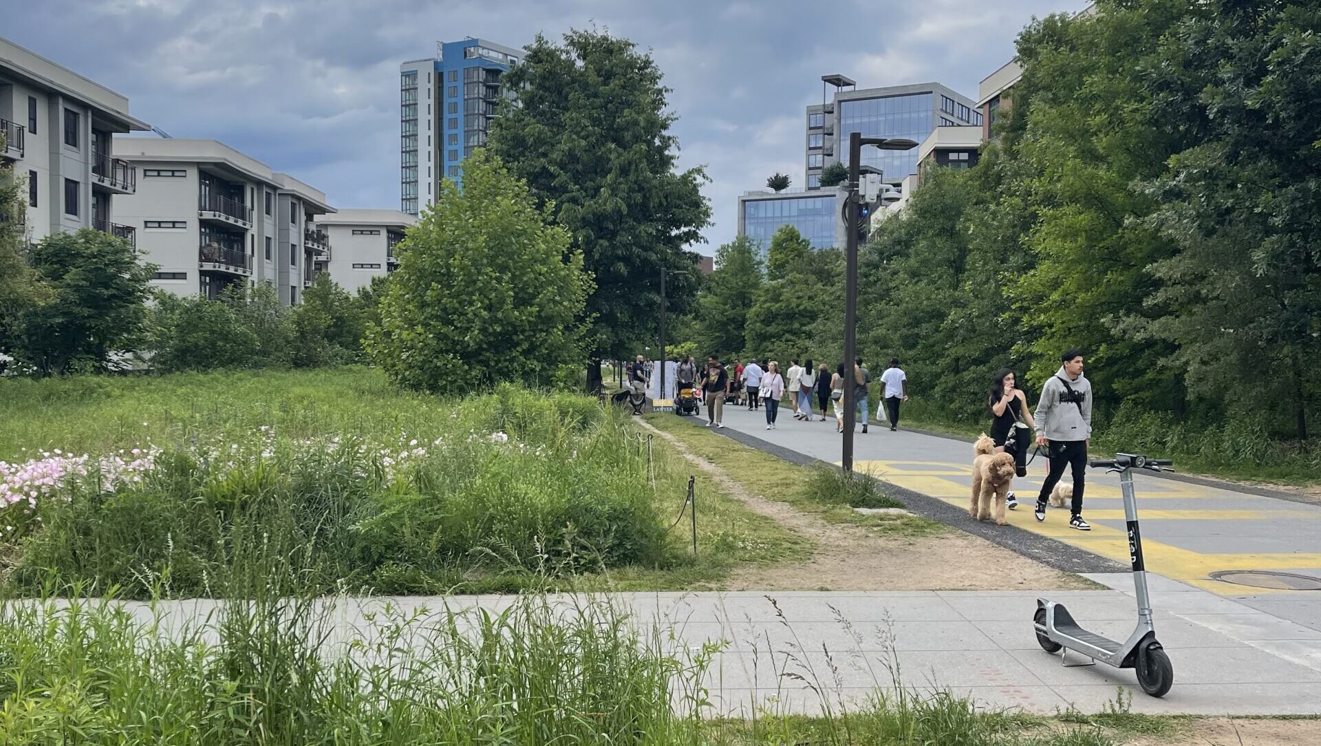People walking, jogging, and walking dogs along the Atlanta BeltLine Eastside Trail near Midtown Atlanta.