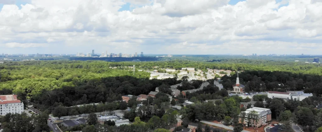 Aerial view of Northeast Atlanta looking west toward the Buckhead skyline and Perimeter district.